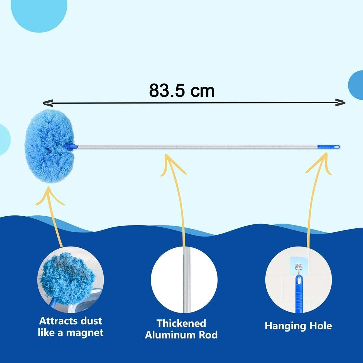 An infographic highlights the duster's 83.5 cm length, dust-attracting head, aluminum rod, and hanging hole.