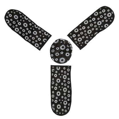 Four black and white floral dust covers, three long and one round, arranged on a white background.
