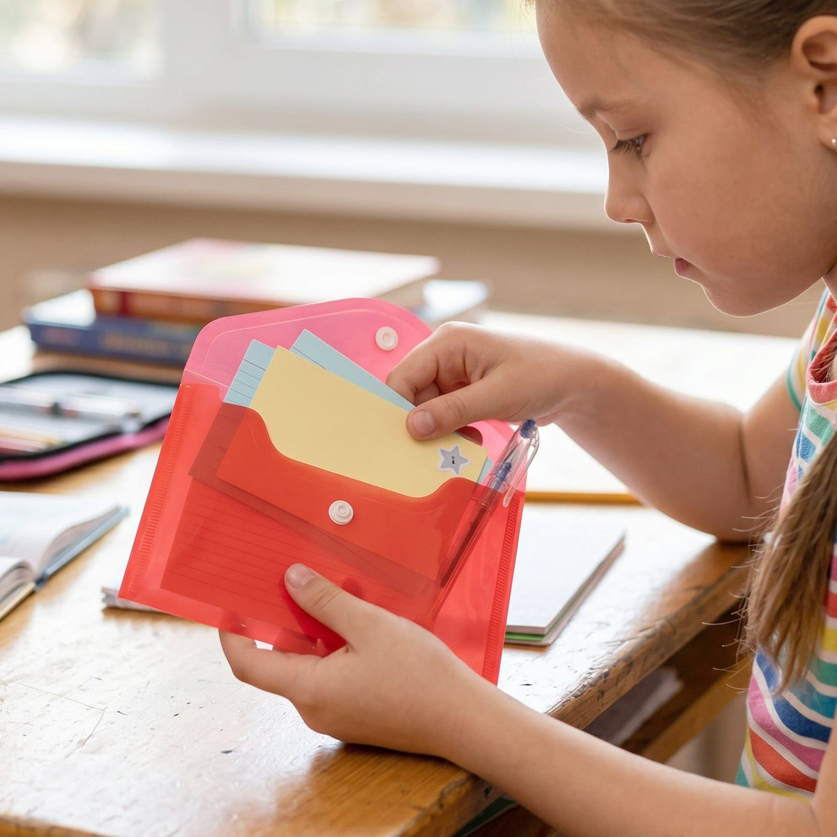 A young girl at a wooden desk is holding an open pink plastic folder, placing or removing small cards and a pen.