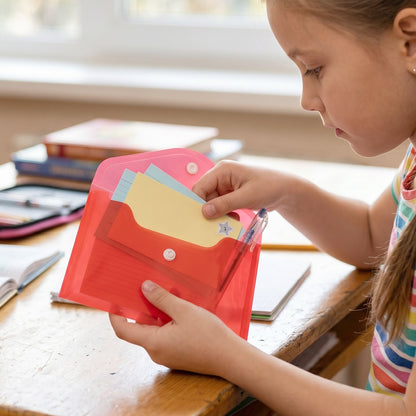 A young girl at a wooden desk is holding an open pink plastic folder, placing or removing small cards and a pen.