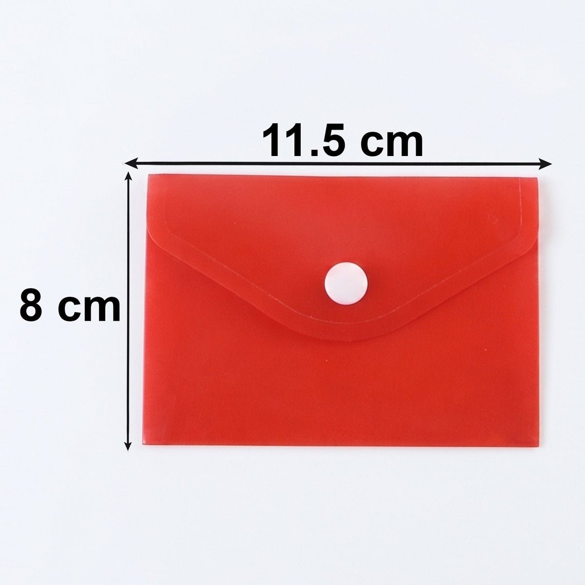 A red plastic document folder envelope with a white button closure is shown with dimensions of 11.5 cm width and 8 cm height.