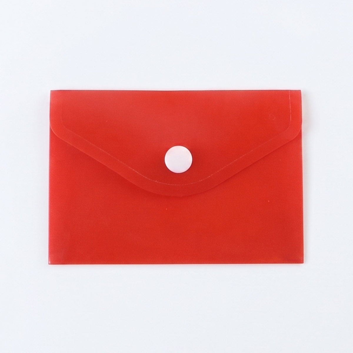 A closed red plastic document folder envelope with a white snap button closure is centered on a plain white background.