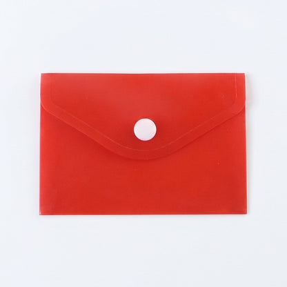 A closed red plastic document folder envelope with a white snap button closure is centered on a plain white background.