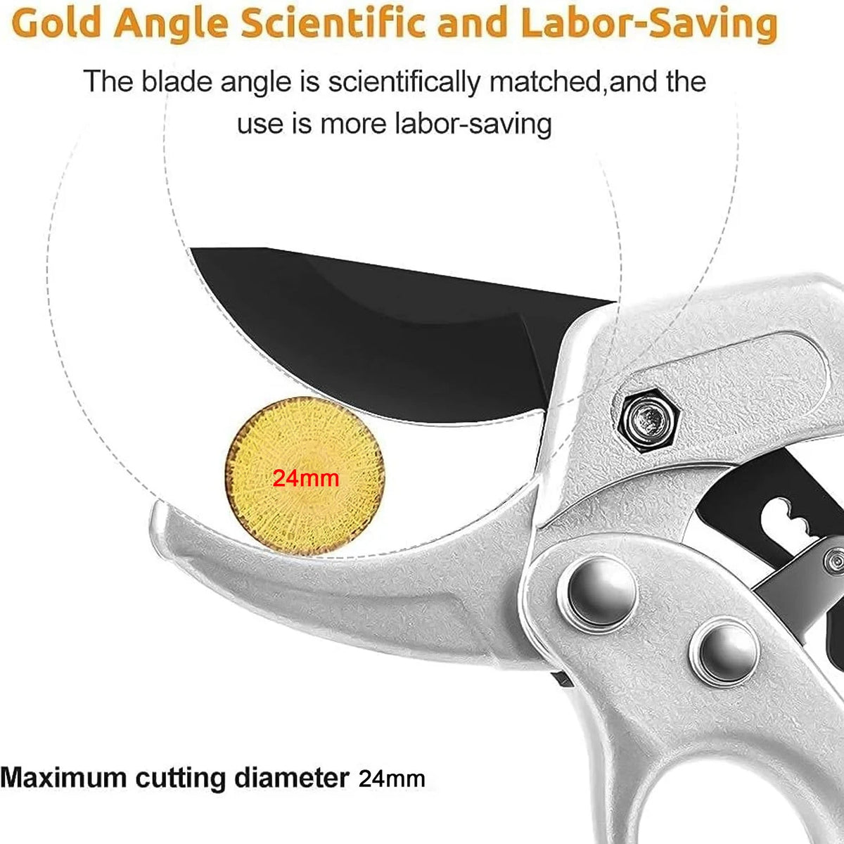 Close-up of the pruning shears blade showing a 24mm cutting diameter and text about the blade angle.