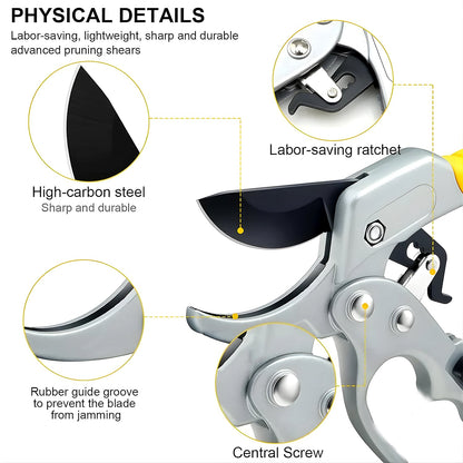 Detailed view of pruning shears highlighting high-carbon steel, rubber guide groove, and central screw.