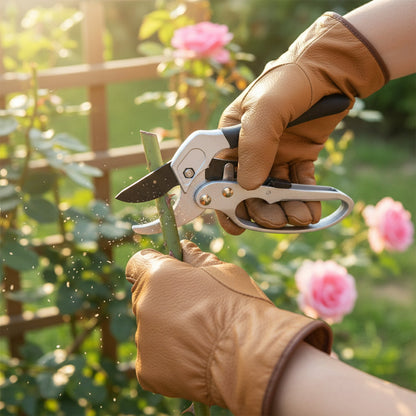 Gloved hands using silver and black pruning shears to cut a rose stem in a garden setting.