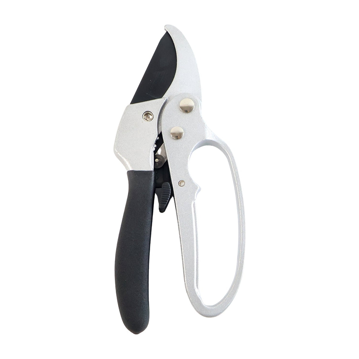 Silver and black pruning shears with an ergonomic handle and black blade on a white background.