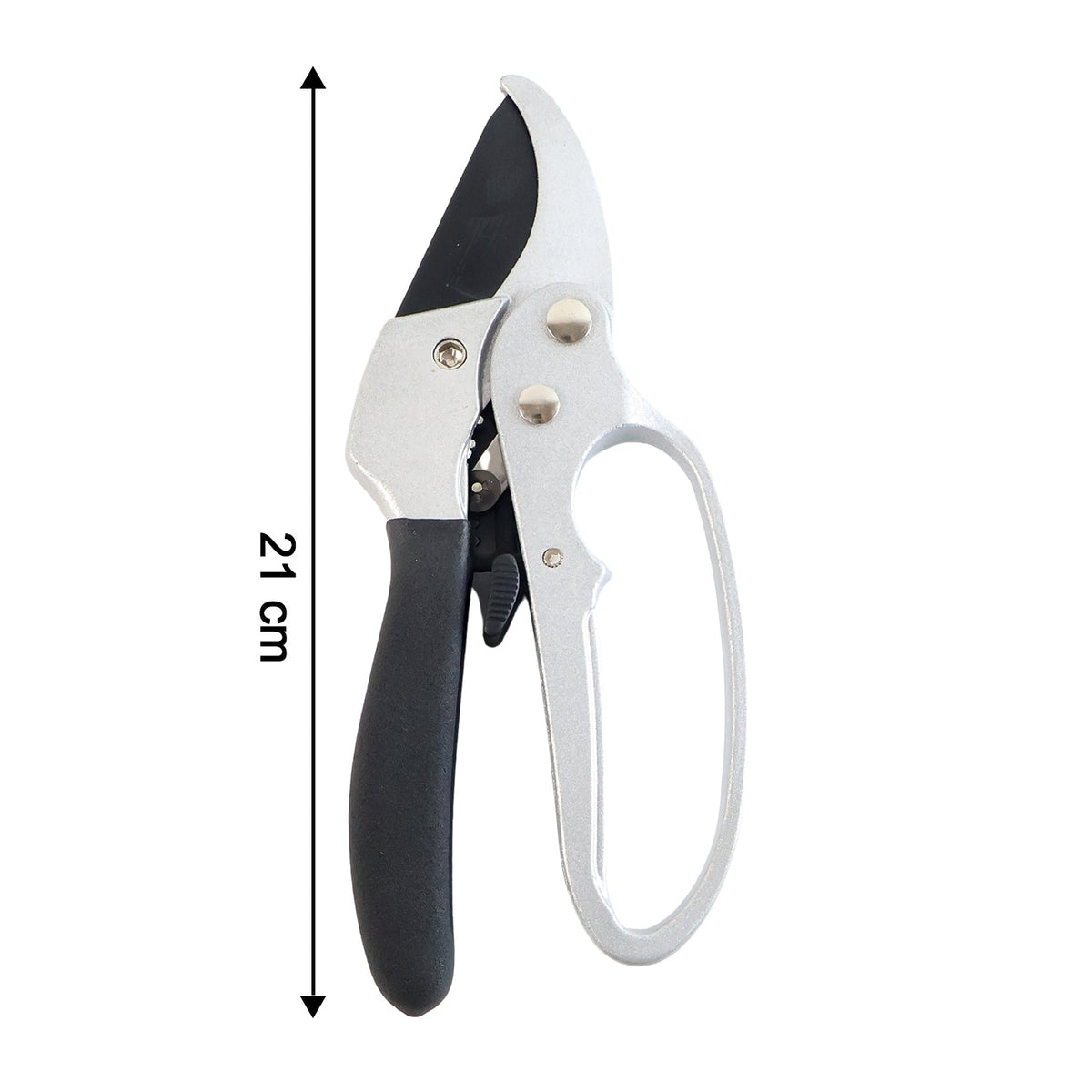 Silver and black pruning shears on a white background with a vertical arrow indicating a 21 cm length.