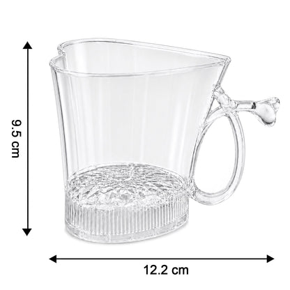 A clear, heart-shaped mug with dimensions indicated: 9.5 cm height and 12.2 cm width, on a white background.