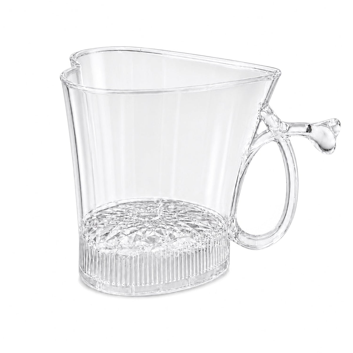 A clear, heart-shaped mug with a textured base and a small heart detail on the handle, on a white background.