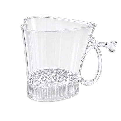 A clear, heart-shaped mug with a textured base and a small heart detail on the handle, on a white background.