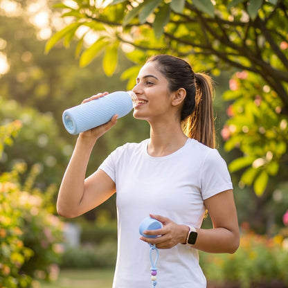 A smiling woman in a white t-shirt drinks from a light blue ribbed glass water bottle in a sunny outdoor setting.