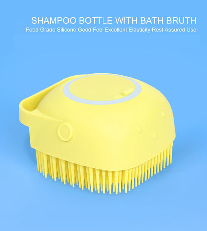 A yellow silicone bath brush with a light blue ring on top, displayed against a solid light blue background.