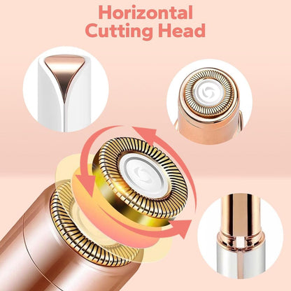 Close-up of the rose gold horizontal cutting head of the facial hair remover, showing its rotating blade.