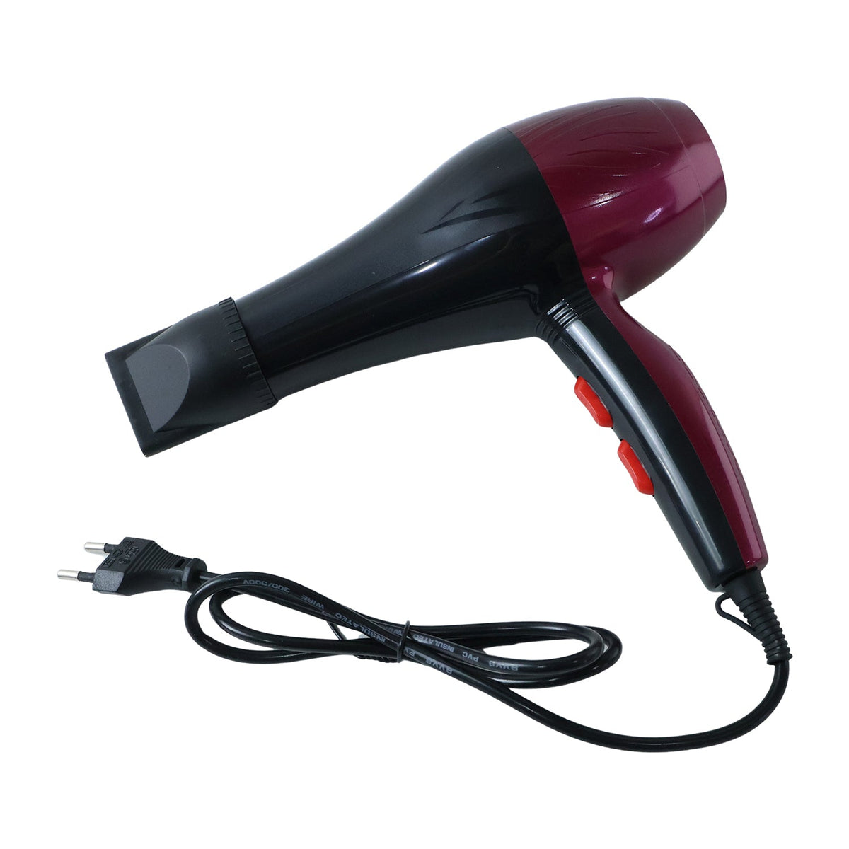 A red and black hair dryer with a concentrator nozzle and power cord is displayed on a plain white background.