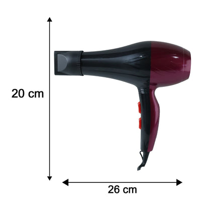 A red and black hair dryer with a concentrator nozzle is shown with dimensions of 20 cm height and 26 cm length.
