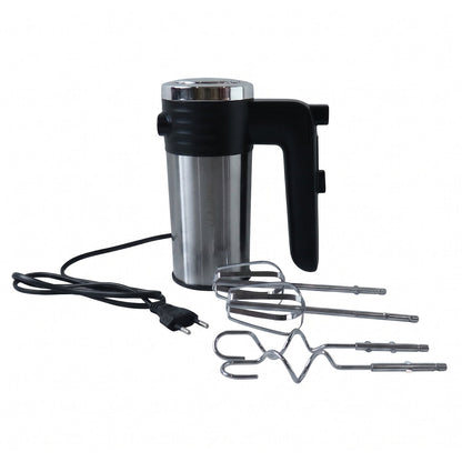 A black and silver electric hand mixer, its cord, two beaters, and two dough hooks are arranged on a white background.