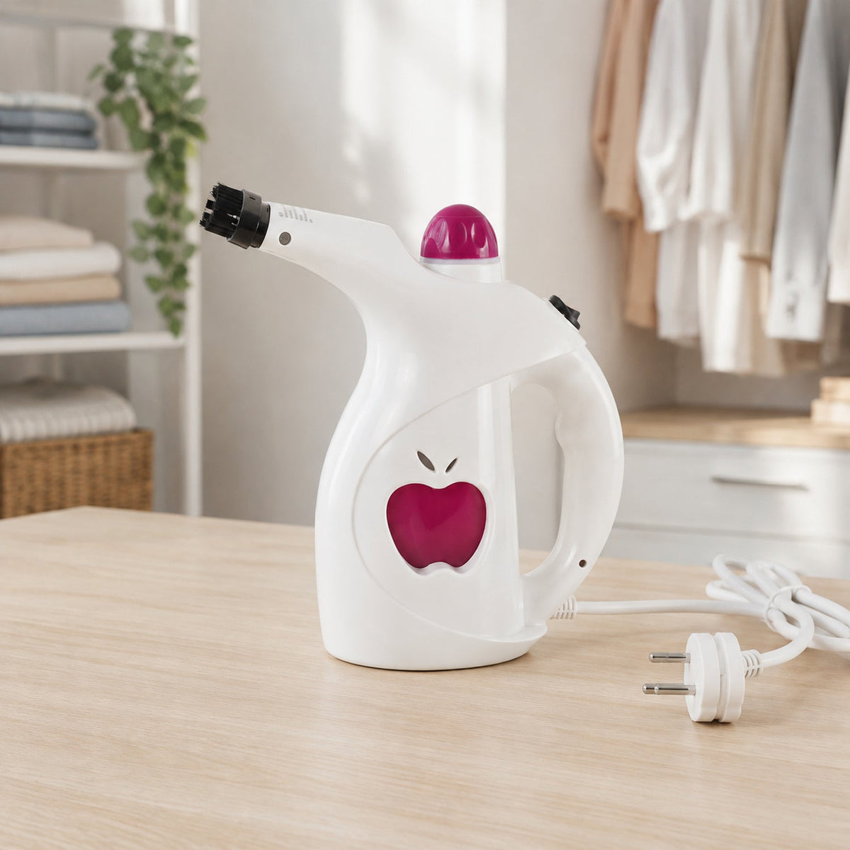 A white and pink handheld steamer with an apple logo and power cord, resting on a light wooden table in a closet.