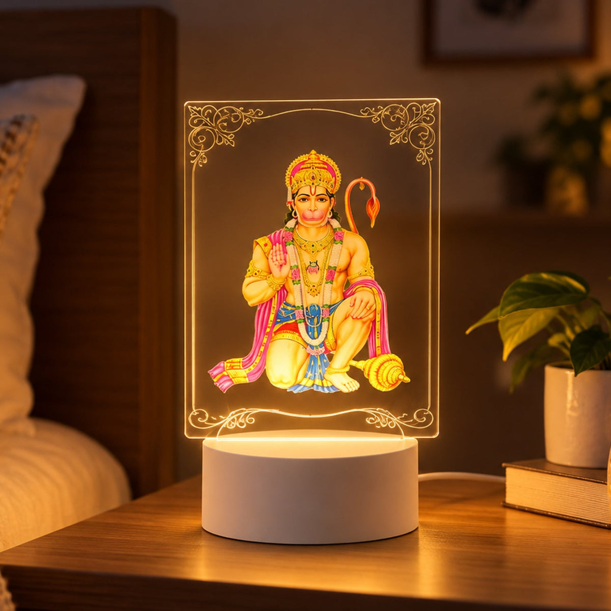 A vibrant Hanuman LED acrylic night lamp illuminates a bedside table, displaying an intricate deity design.