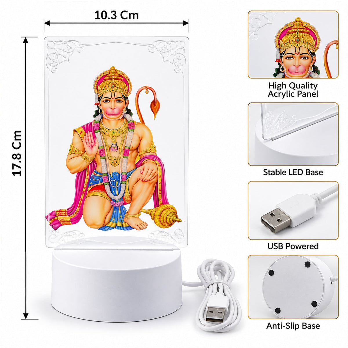 A Hanuman LED lamp with dimensions, highlighting its acrylic panel, stable base, and USB power features.