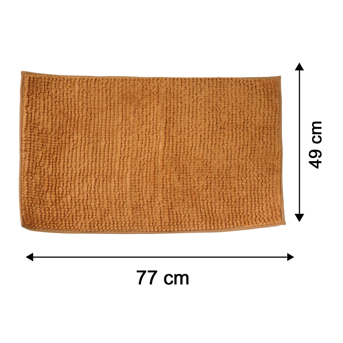 A flat, rectangular brown bobble mat is shown with arrows indicating its length of 77 cm and width of 49 cm.