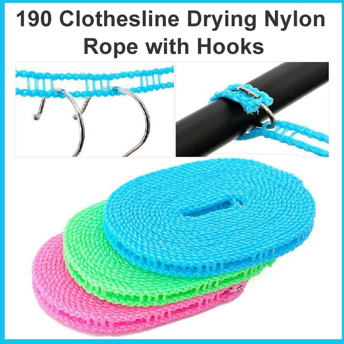 A collage with text '190 Clothesline Drying Nylon Rope with Hooks' above close-ups of the clothesline and three coiled ropes.