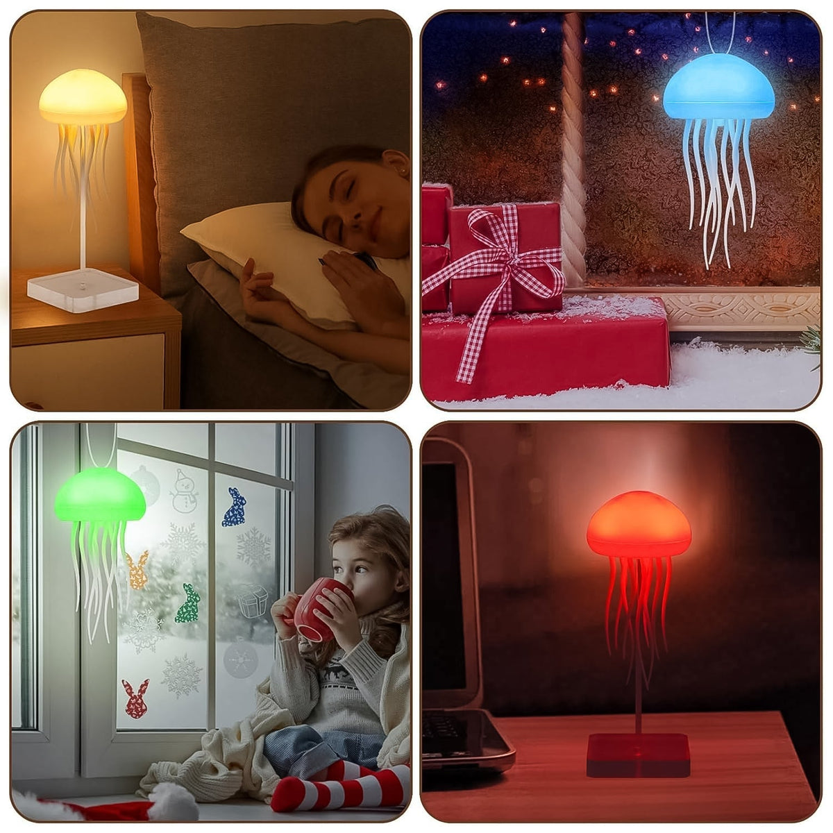 A four-panel collage showing the jellyfish lamp in different settings: on a bedside table, hanging in a window