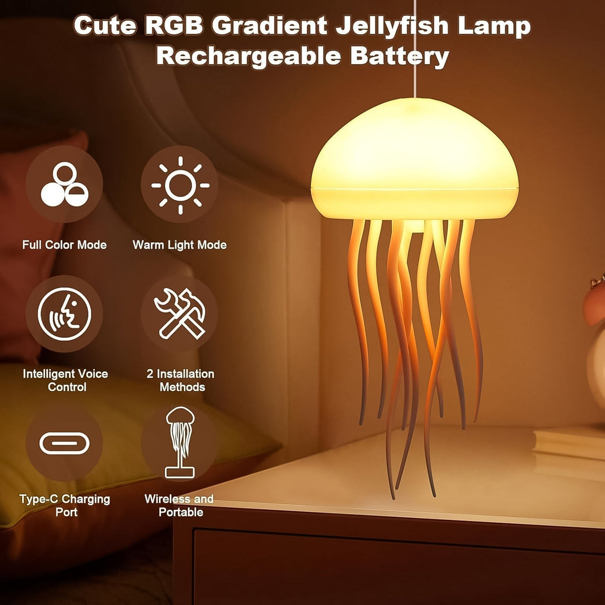 A jellyfish lamp with orange-hued tentacles hanging above a bedside table, with feature icons like full color mode, voice