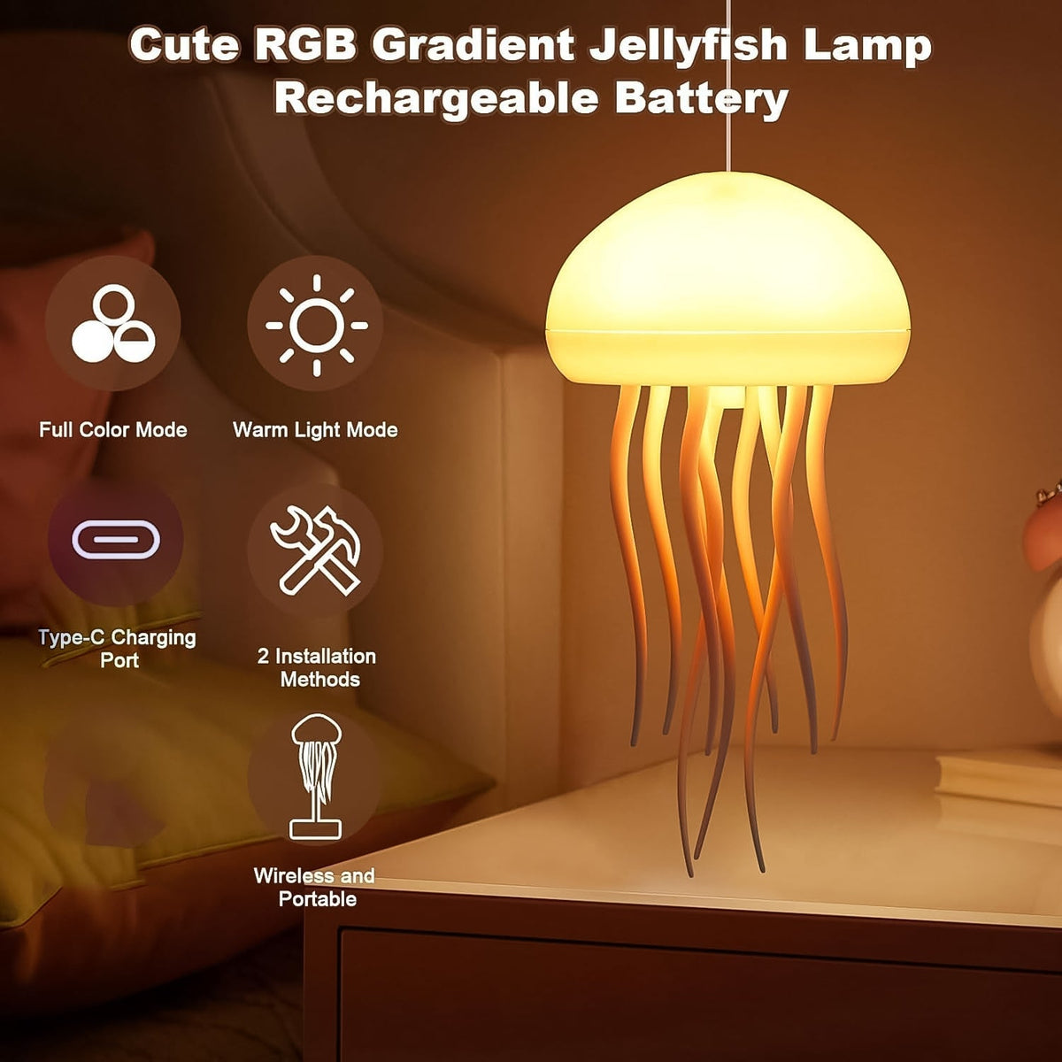A jellyfish lamp with orange-hued tentacles hanging above a bedside table, with feature icons like full color mode and voice