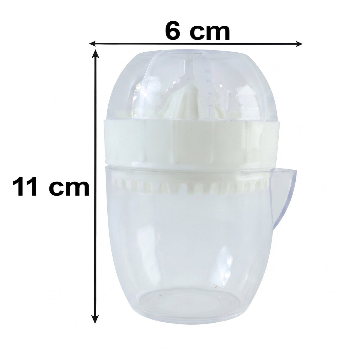 A white and clear plastic manual citrus squeezer with dimensions of 11 cm height and 6 cm width indicated.