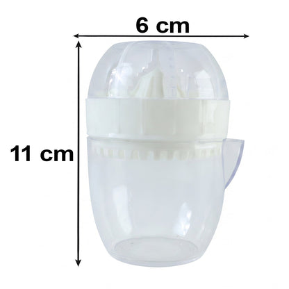 A white and clear plastic manual citrus squeezer with dimensions of 11 cm height and 6 cm width indicated.