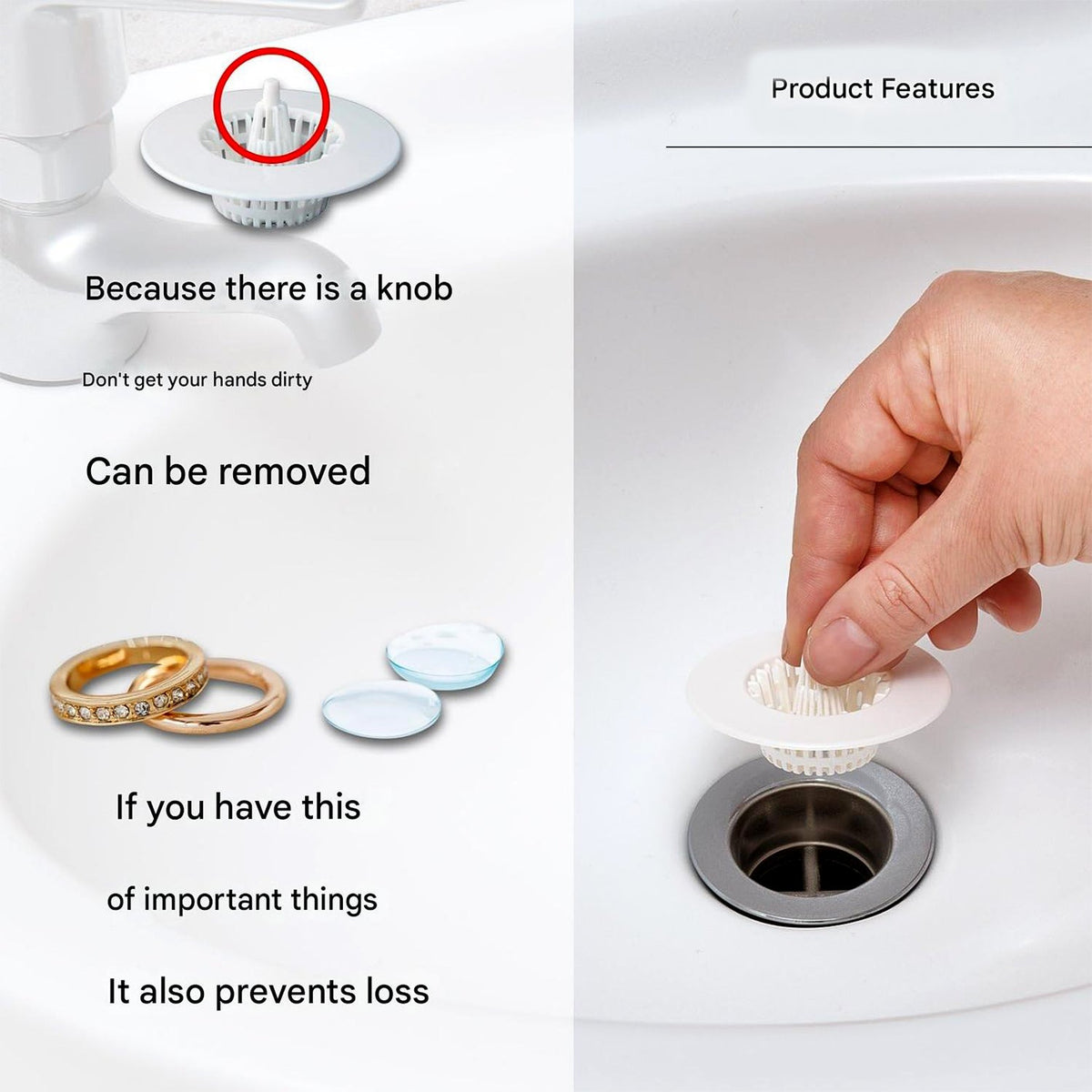 A split image shows a drain strainer with a knob on the left, and a hand inserting a strainer into a sink on the right.