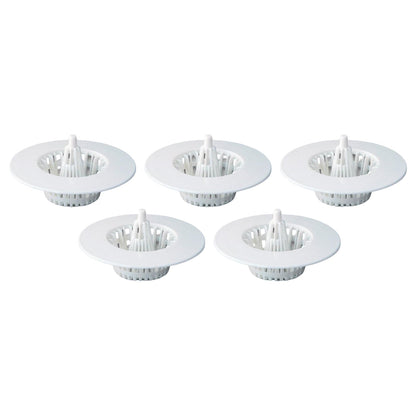 Five white plastic sink drain strainers are arranged in two rows on a white background.