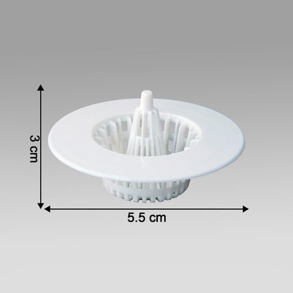 A single white plastic sink drain strainer with dimensions of 3 cm height and 5.5 cm width indicated.