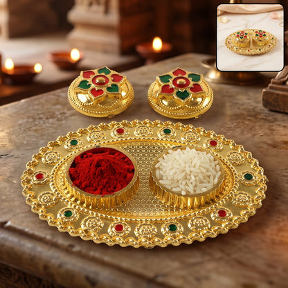 Oval Golden Kankavati Kumkum Holder with Meena Work Border