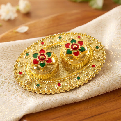 Oval Golden Kankavati Kumkum Holder with Meena Work Border