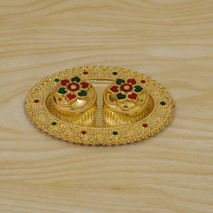 Oval Golden Kankavati Kumkum Holder with Meena Work Border