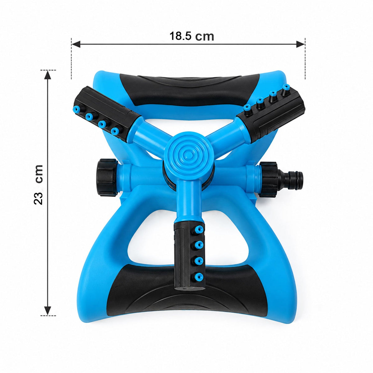 A blue and black sprinkler with three rotating arms, displaying its dimensions of 23 cm by 18.5 cm.