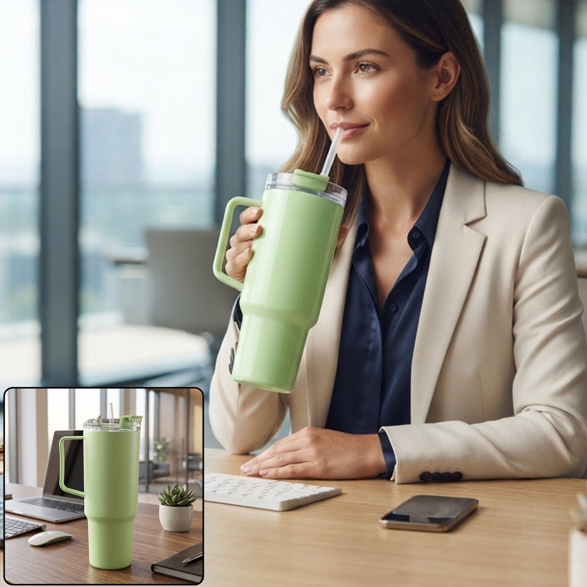A woman in an office setting sips from a light green travel tumbler with a handle and straw.