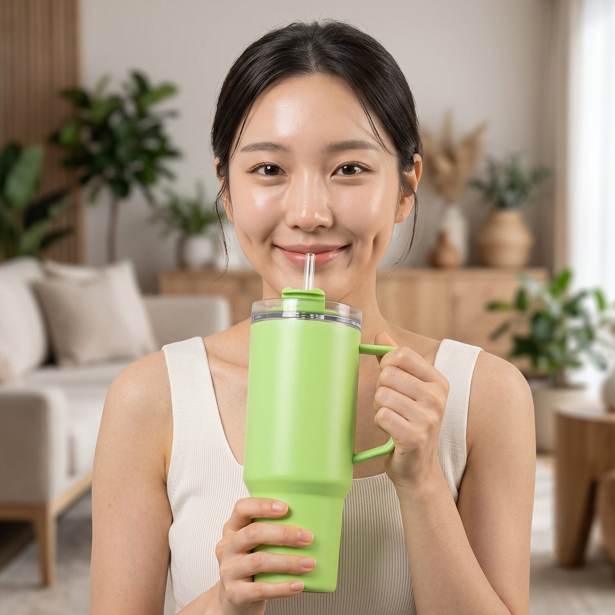 A smiling woman holds a light green travel tumbler with a handle and straw in a cozy living room setting.