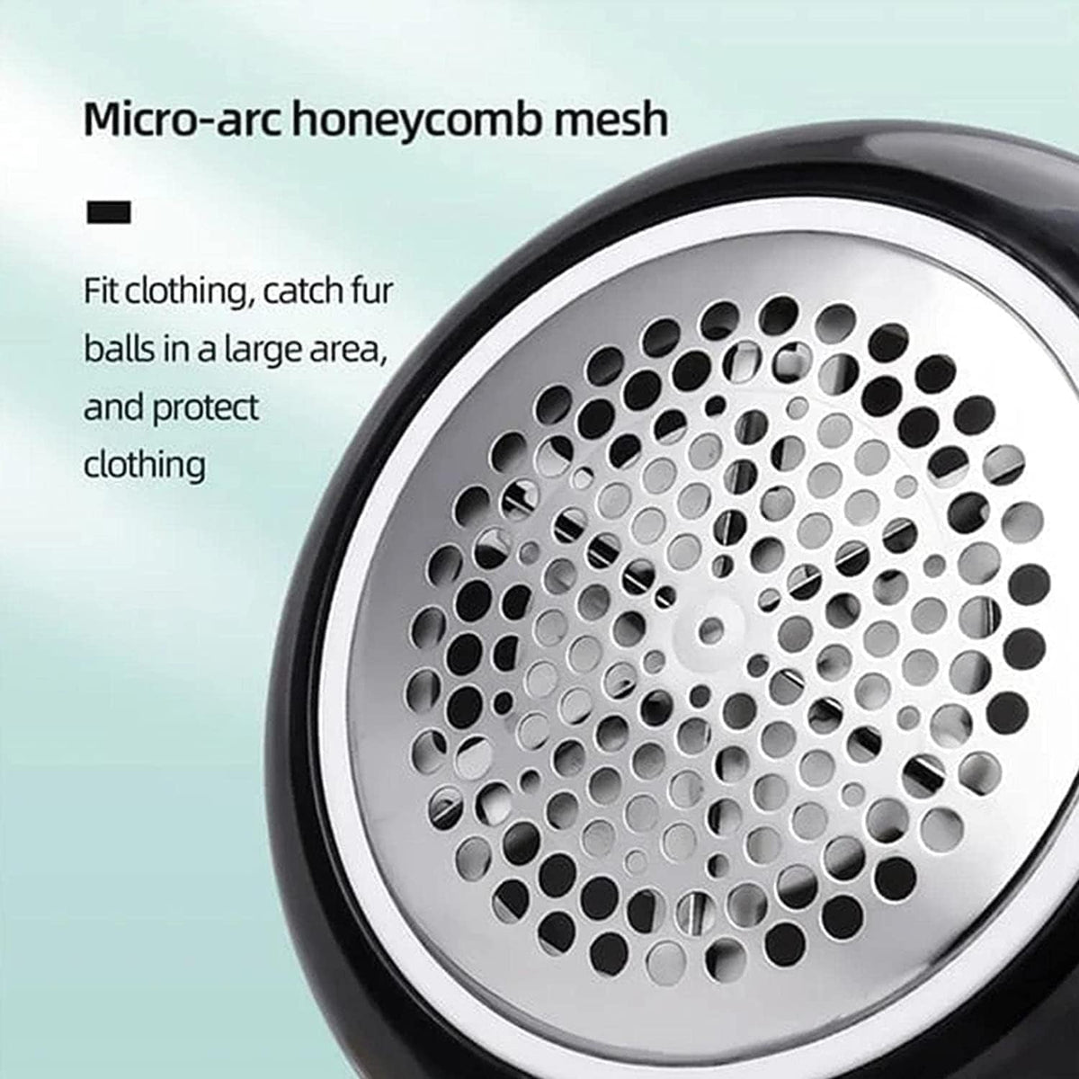 Close-up of the lint remover's silver micro-arc honeycomb mesh with text describing its function.