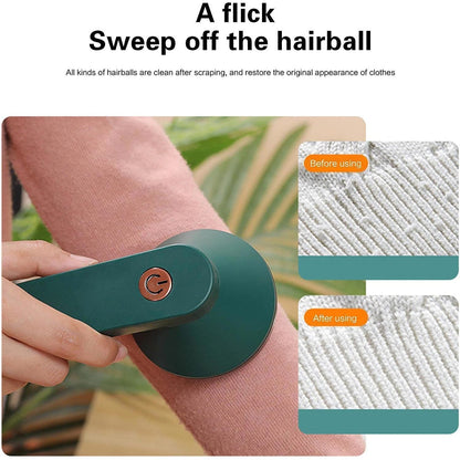 A hand uses a dark green lint remover on a pink sleeve, with before and after close-ups of fabric texture showing lint