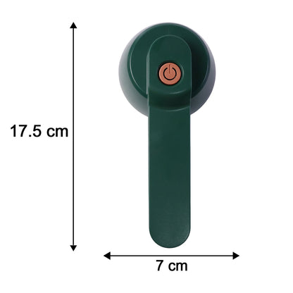 A dark green lint remover with a brown power button on top is shown vertically with dimensions: 17.5 cm height and 7 cm