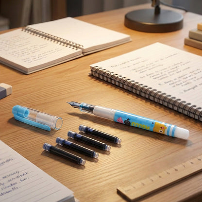 A light blue cartoon animal fountain pen with four black ink cartridges on a wooden desk with notebooks.