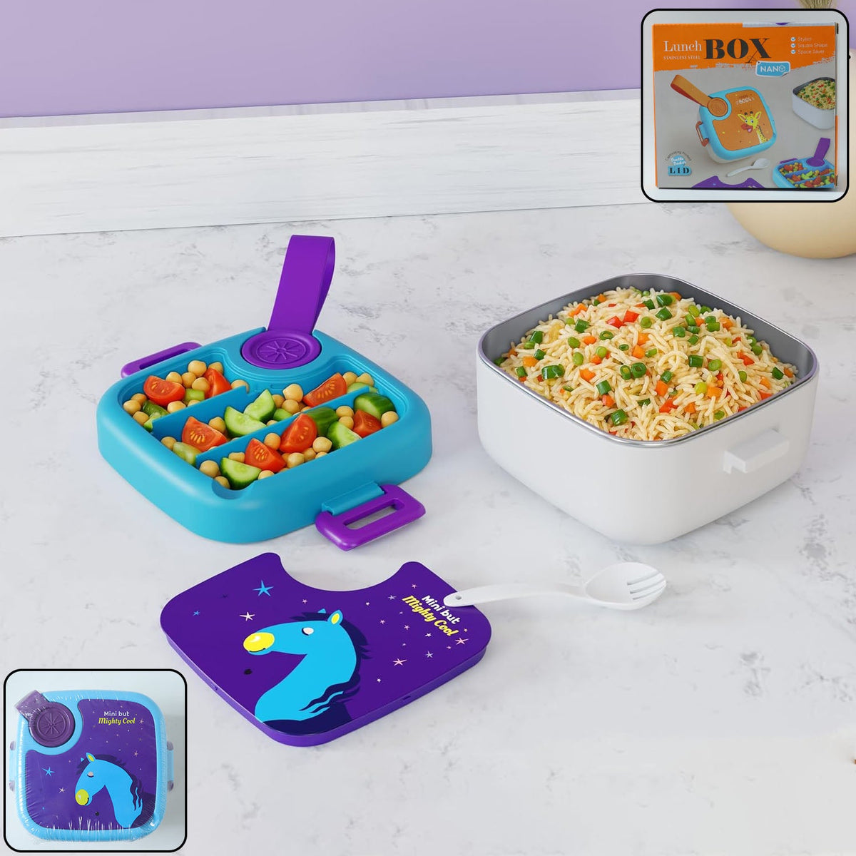 A disassembled blue and purple lunch box with a horse print lid, filled with food, next to a white container of rice.