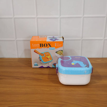 Kids cartoon horse print lunch box displayed on a table.