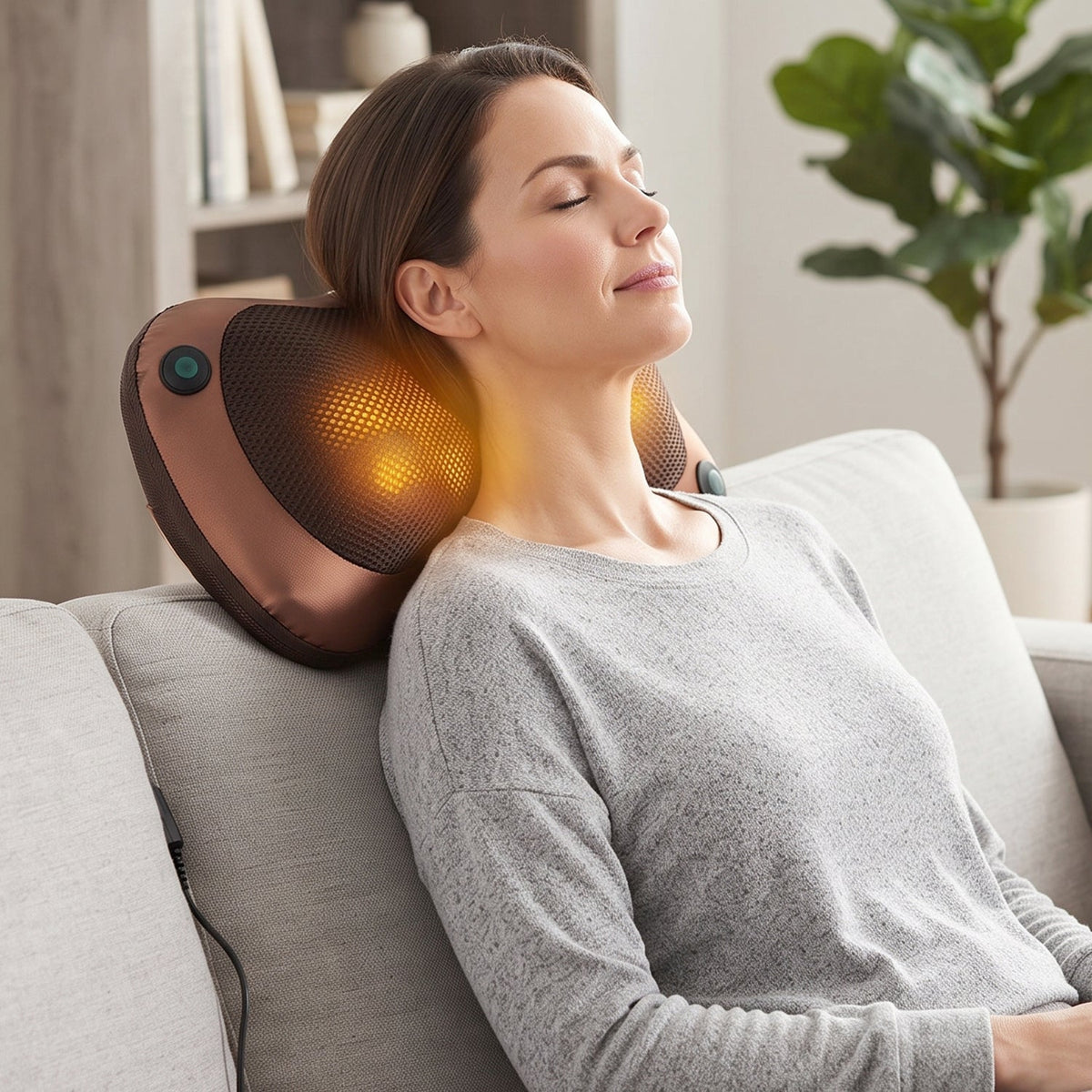 A woman with closed eyes relaxes on a couch, using a brown massage pillow with glowing orange lights on her neck. – view 7