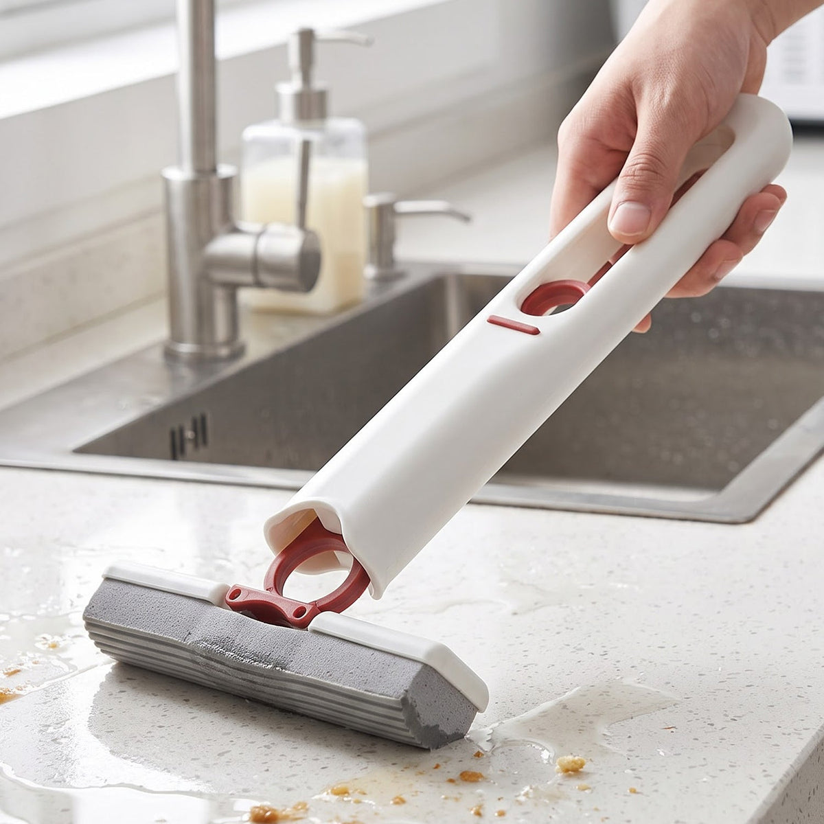 A hand holding a white and red mini mop with a grey sponge head, cleaning a dirty white countertop near a sink.