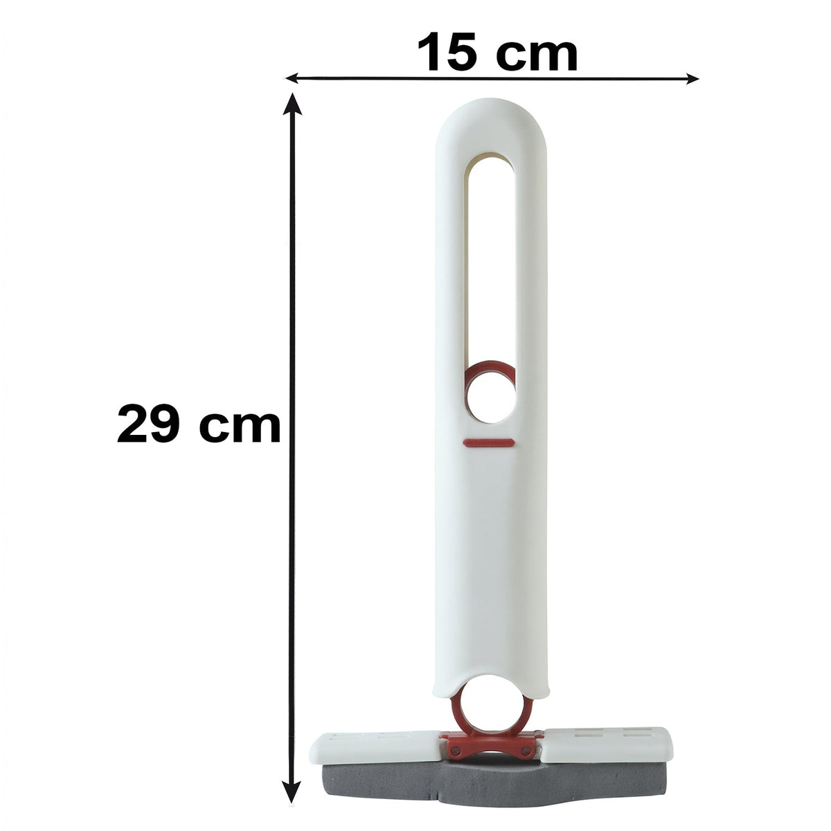 A white and red mini mop with a grey sponge head stands upright, with dimensions 29 cm height and 15 cm width.
