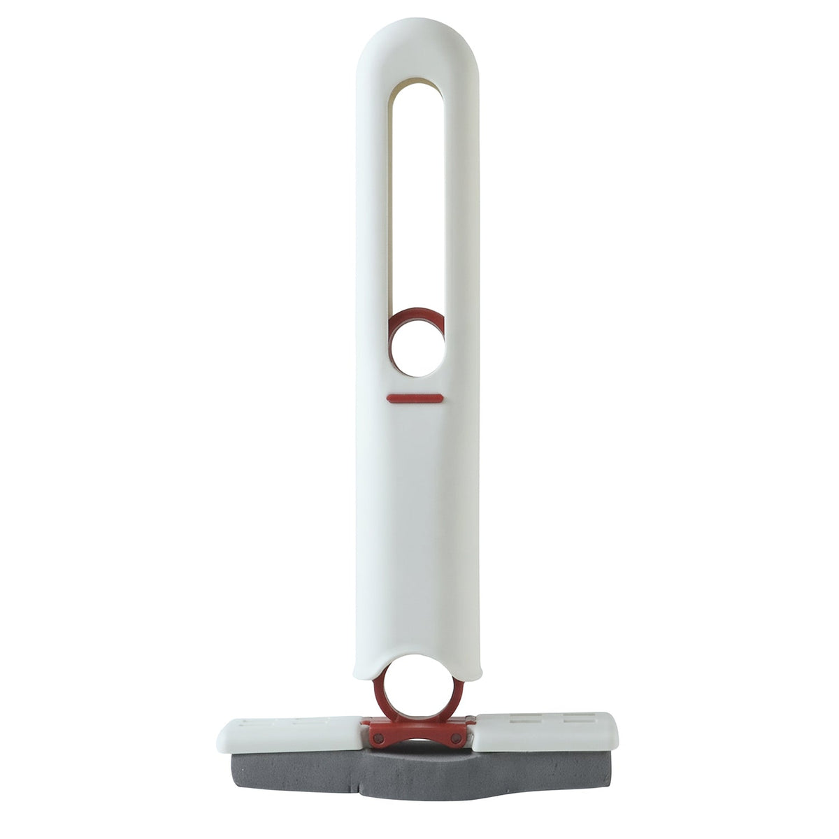 A white and red mini mop with a grey sponge head stands upright on a plain white background.